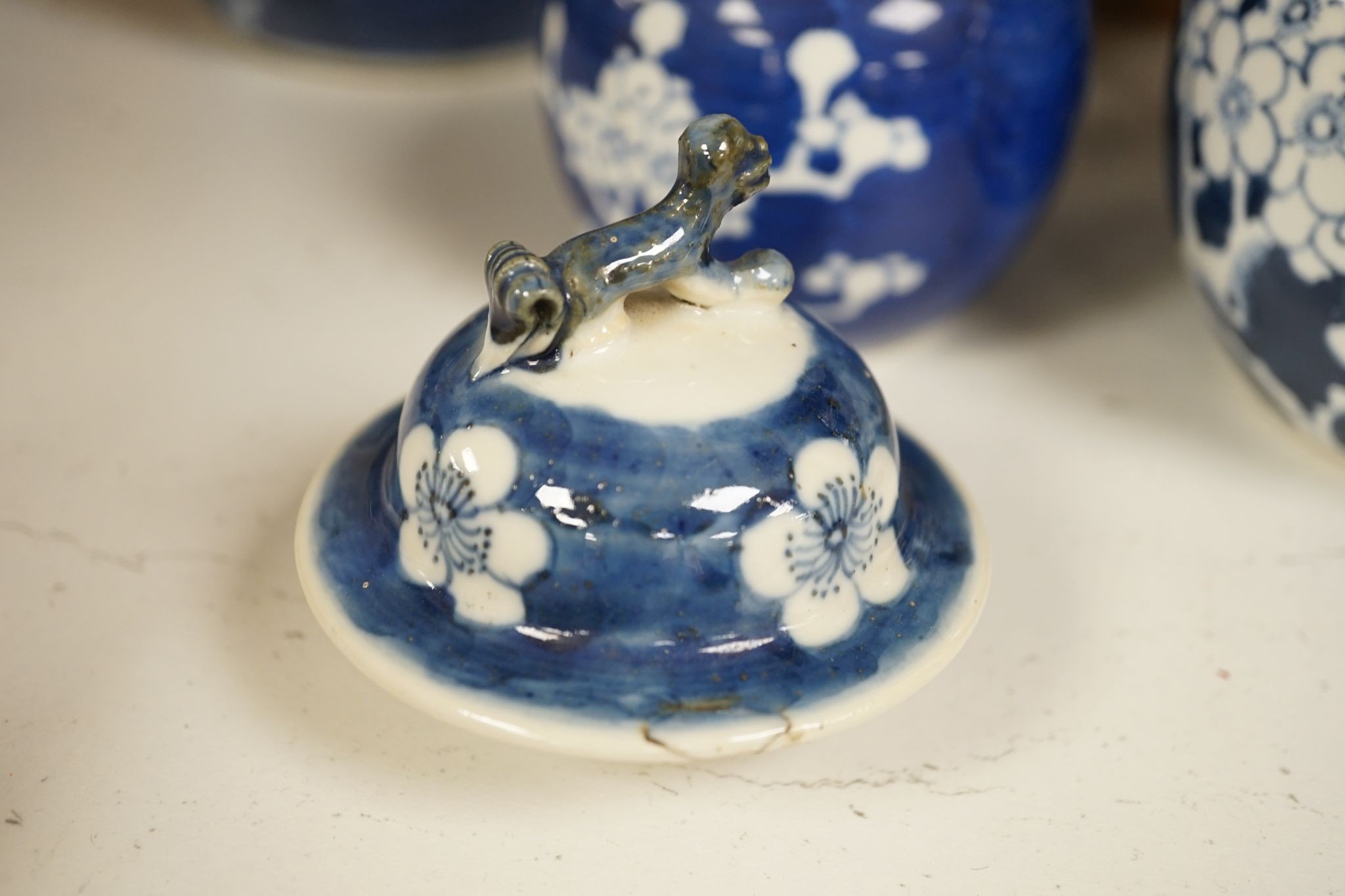 A pair of Chinese blue and white vases and eleven jars, six with covers., Vase and matching cover 28 cms high.
